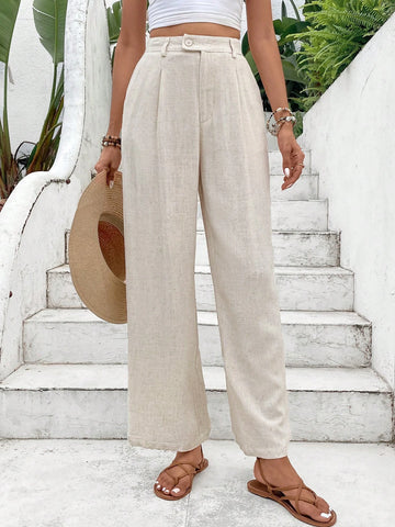 Frenchy Women's Solid Color Simple Daily Wearold Money Style Linen Long Pants Earthy Clothes Commute Minimalist Office Old Money Simple