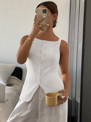 Frenchy Women's Solid Color Single-Breasted Asymmetrical Casual Sleeveless Blouse