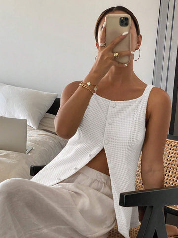 Frenchy Women's Solid Color Single-Breasted Asymmetrical Casual Sleeveless Blouse