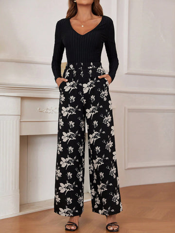Women's Solid Color Striped Top & Print Pants Two Piece Set