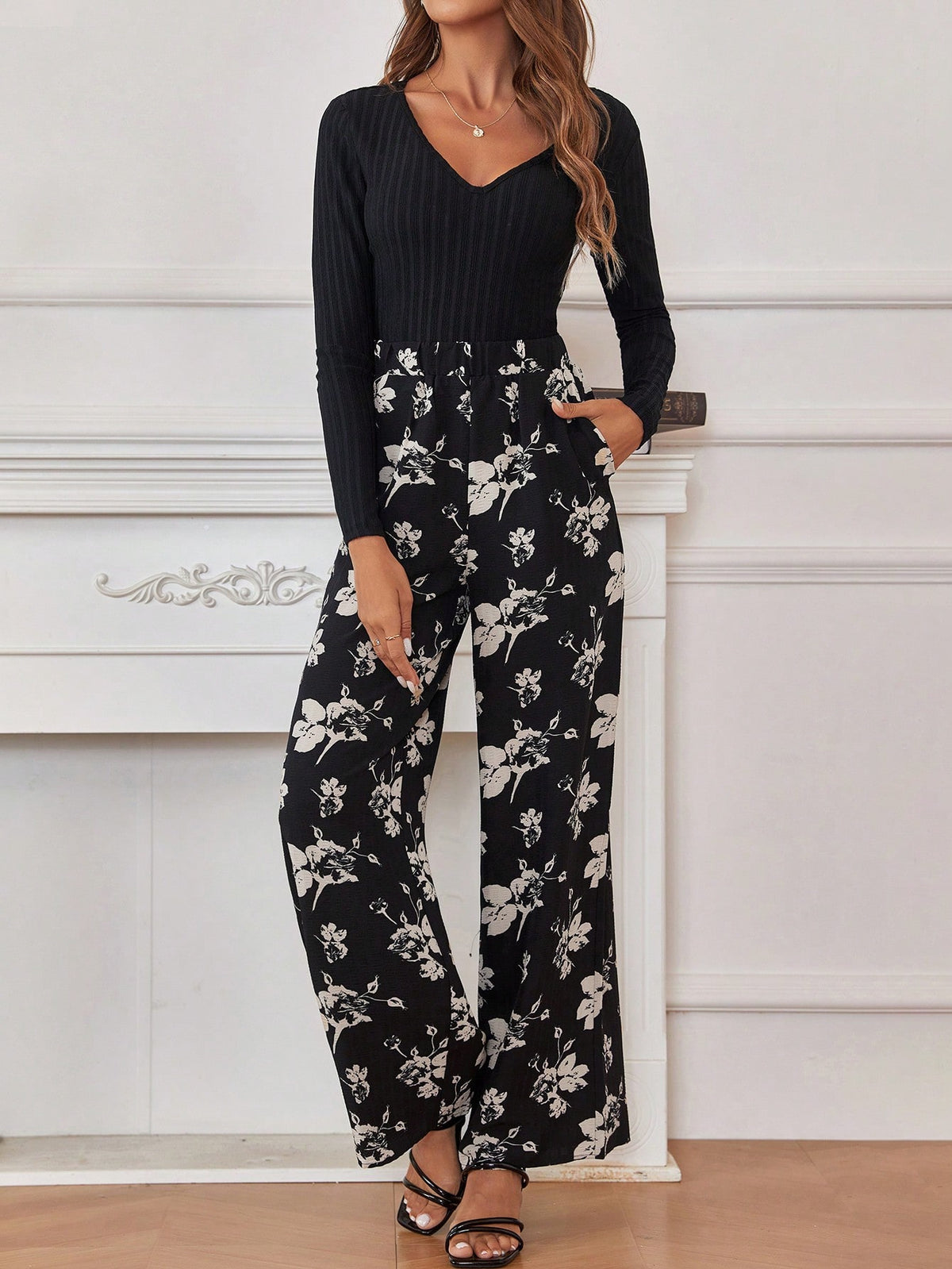 Women's Solid Color Striped Top & Print Pants Two Piece Set