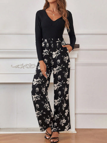 Women's Solid Color Striped Top & Print Pants Two Piece Set