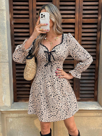 Women's Solid Color Tie Front Long Sleeve Casual Short Dress