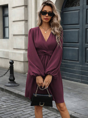 Women's Solid Color V-Neck Lantern Sleeve With Knot Waist Short Elegant Dress, Autumn