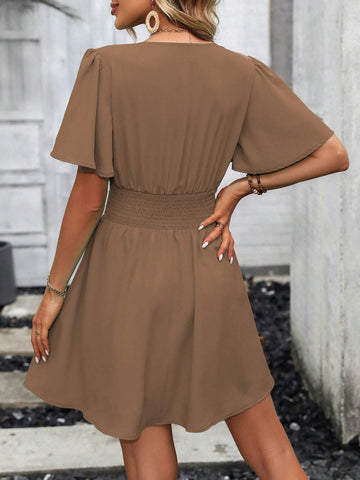 Women's Solid Color V-Neck Ruched Sleeve Gathered Waist Casual Dress, Summer