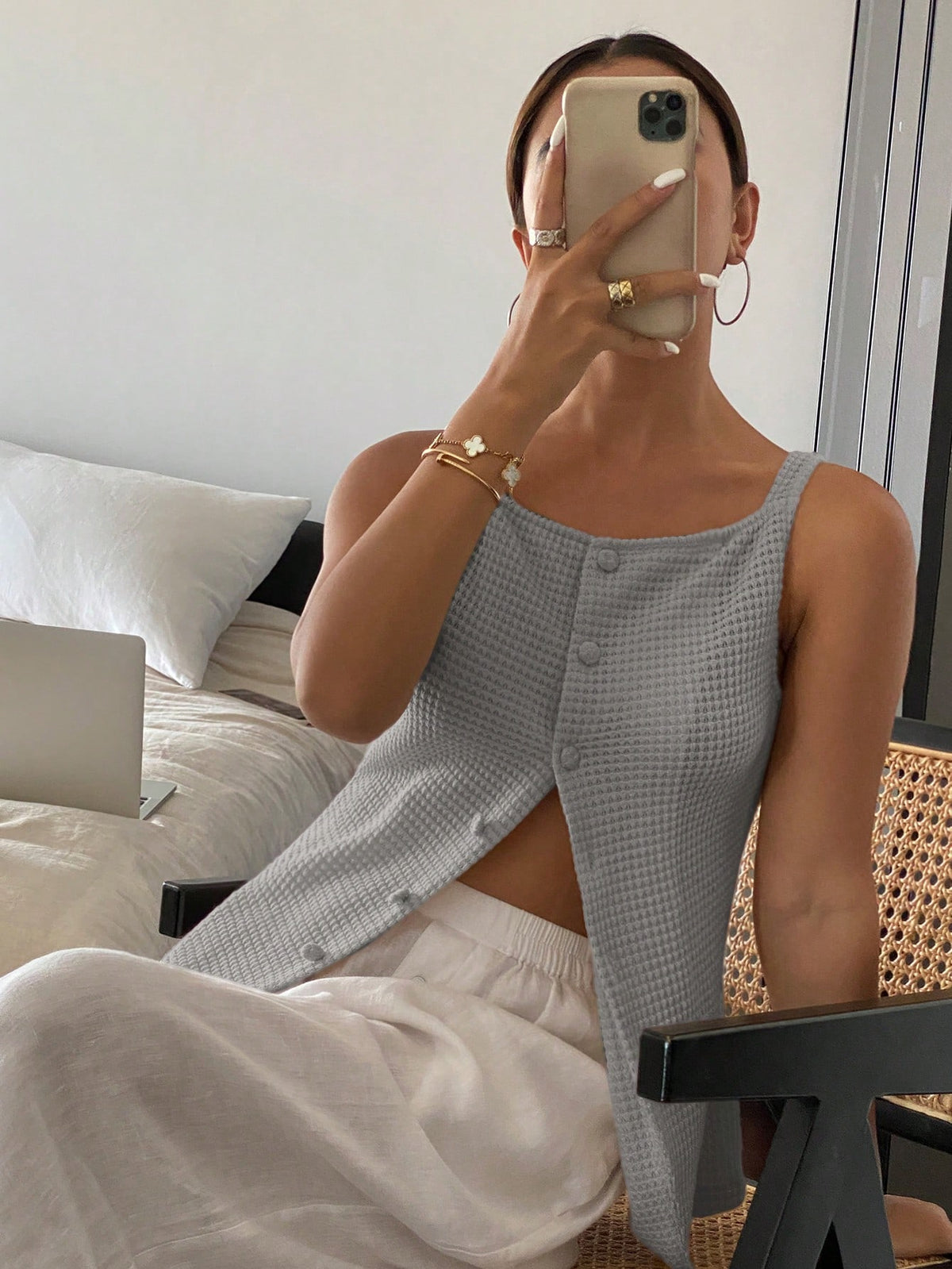 Frenchy Women's Solid Color Wide Strap Front Button Simple Casual Shirt