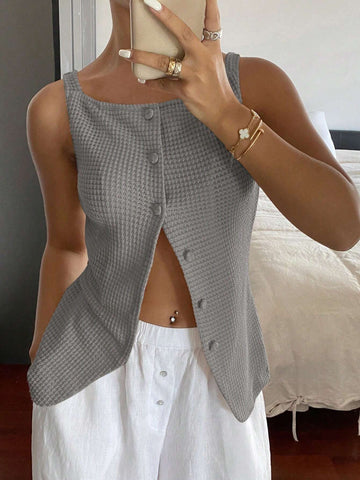 Frenchy Women's Solid Color Wide Strap Front Button Simple Casual Shirt