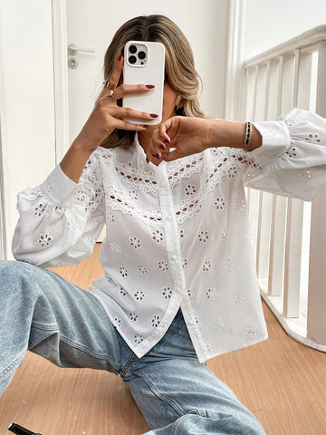 Frenchy Women's Solid Front Button Long Sleeve Hollow Casual Shirt