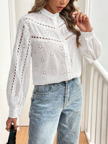 Frenchy Women's Solid Front Button Long Sleeve Hollow Casual Shirt