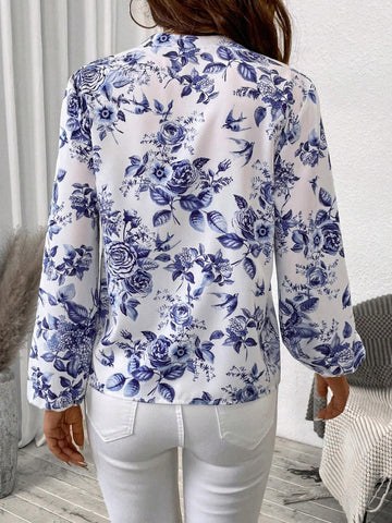 Frenchy Women's Spring-Summer V-Neck Casual Elegant Floral Print Blouse