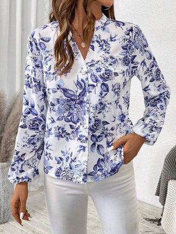 Frenchy Women's Spring-Summer V-Neck Casual Elegant Floral Print Blouse