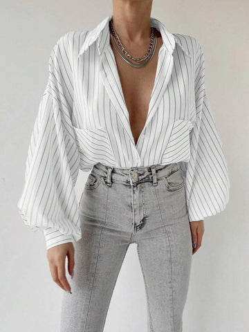 Frenchy Women's Spring/Summer Casual Striped Lantern Sleeve Blouse