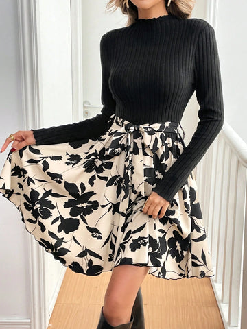 Women's Spring Autumn Stand Collar Long Sleeve Floral Print Elegant Mini Dress,Slim Fit Holiday