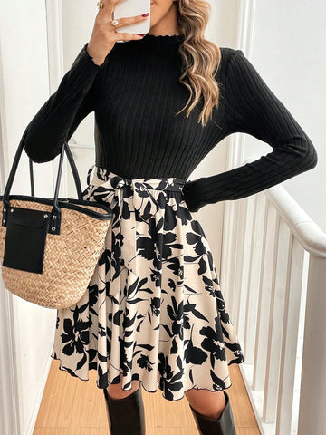 Women's Spring Autumn Stand Collar Long Sleeve Floral Print Elegant Mini Dress,Slim Fit Holiday