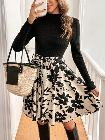 Women's Spring Autumn Stand Collar Long Sleeve Floral Print Elegant Mini Dress,Slim Fit Holiday