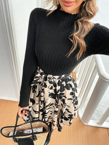 Women's Spring Autumn Stand Collar Long Sleeve Floral Print Elegant Mini Dress,Slim Fit Holiday