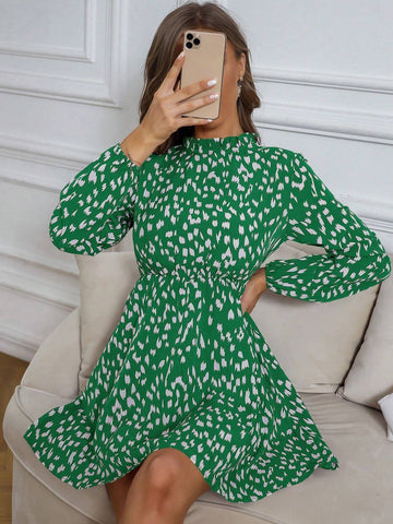 Women's Spring Summer Ruffled Collar Long Sleeve Allover Print Mini Dress