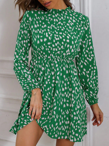 Women's Spring Summer Ruffled Collar Long Sleeve Allover Print Mini Dress
