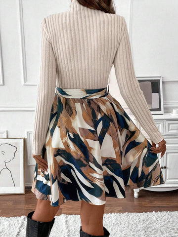 Women's Spring & Summer Floral Print Stand Collar Long Sleeve Ribbed Casual Dress
