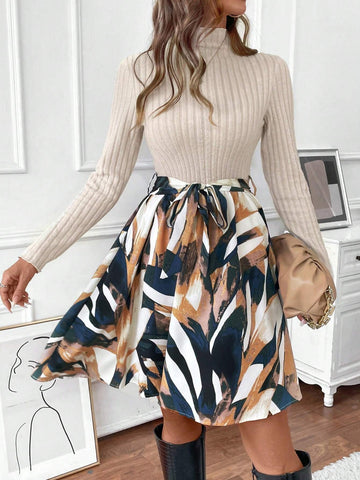 Women's Spring & Summer Floral Print Stand Collar Long Sleeve Ribbed Casual Dress