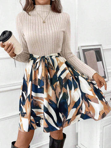 Women's Spring & Summer Floral Print Stand Collar Long Sleeve Ribbed Casual Dress