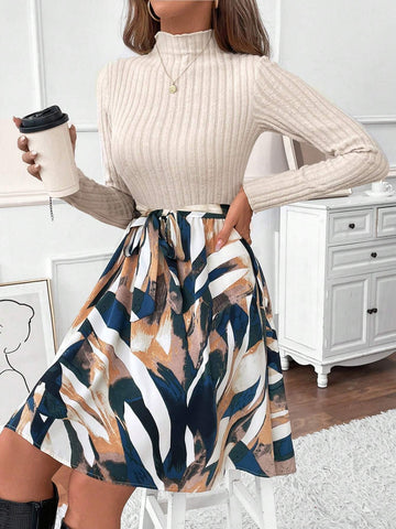 Women's Spring & Summer Floral Print Stand Collar Long Sleeve Ribbed Casual Dress