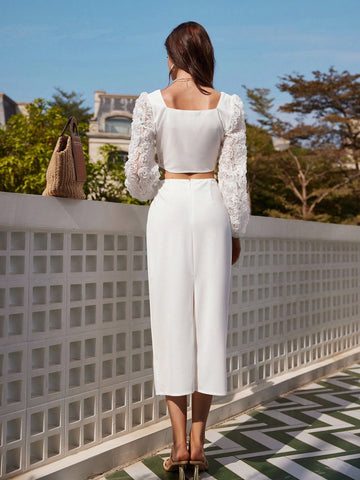 Women's Square Neck 3d Flower Lantern Sleeve Crop Top And Skirt Set