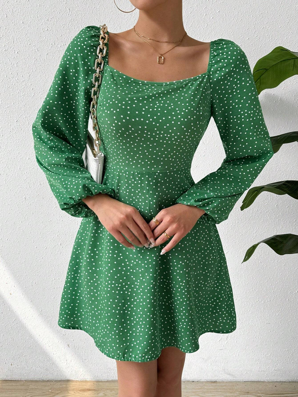 Womens Square Neck Polka Dot Print Lantern Sleeve Dress