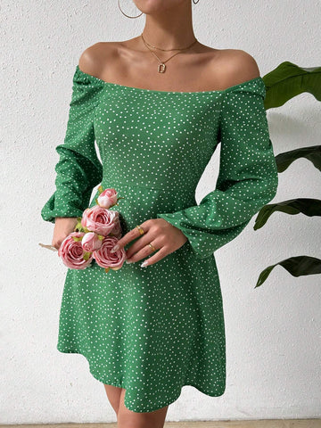 Womens Square Neck Polka Dot Print Lantern Sleeve Dress