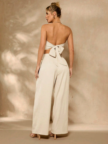 Women's Strapless Irregular Top With Bowknot Belt, 2pcs/Set