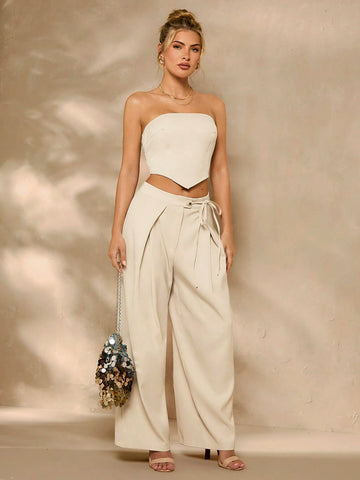 Women's Strapless Irregular Top With Bowknot Belt, 2pcs/Set