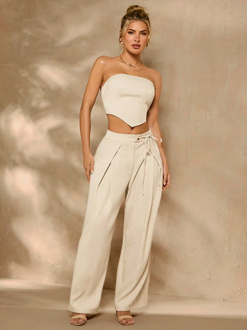 Women's Strapless Irregular Top With Bowknot Belt, 2pcs/Set