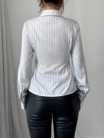 Frenchy Women's Stripe Collar Open Front Button-Up Contrast Lace Long Sleeve Casual Shirt