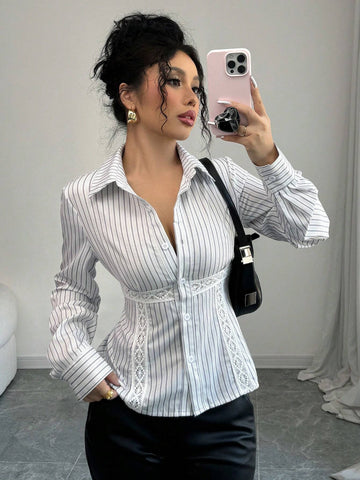 Frenchy Women's Stripe Collar Open Front Button-Up Contrast Lace Long Sleeve Casual Shirt