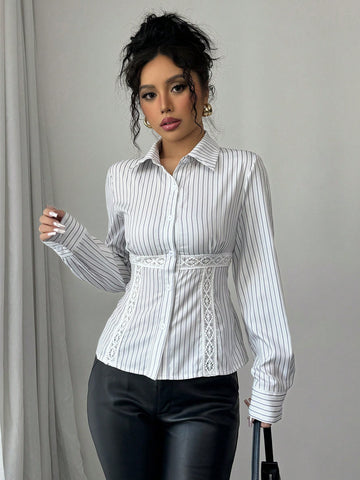 Frenchy Women's Stripe Collar Open Front Button-Up Contrast Lace Long Sleeve Casual Shirt