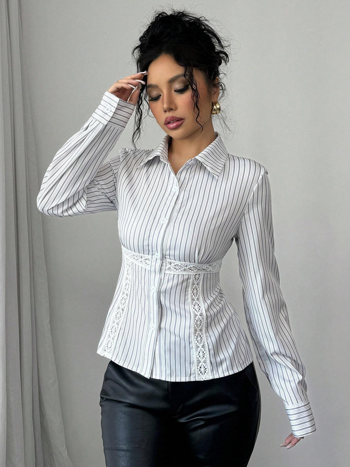 Frenchy Women's Stripe Collar Open Front Button-Up Contrast Lace Long Sleeve Casual Shirt