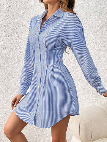 Women's Striped Long-Sleeved Shirt Waist A-Hem Dress Summer Dress