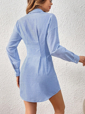 Women's Striped Long-Sleeved Shirt Waist A-Hem Dress Summer Dress