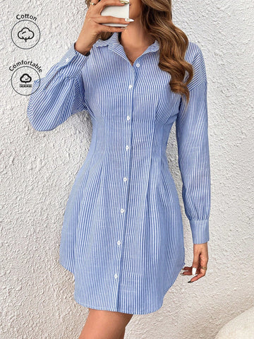 Women's Striped Long-Sleeved Shirt Waist A-Hem Dress Summer Dress