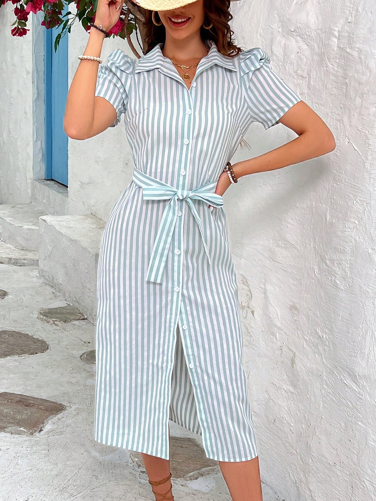 Women's Striped Puff Sleeve Button-Front Dress