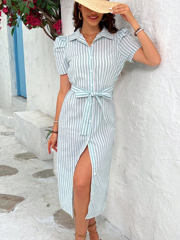 Women's Striped Puff Sleeve Button-Front Dress