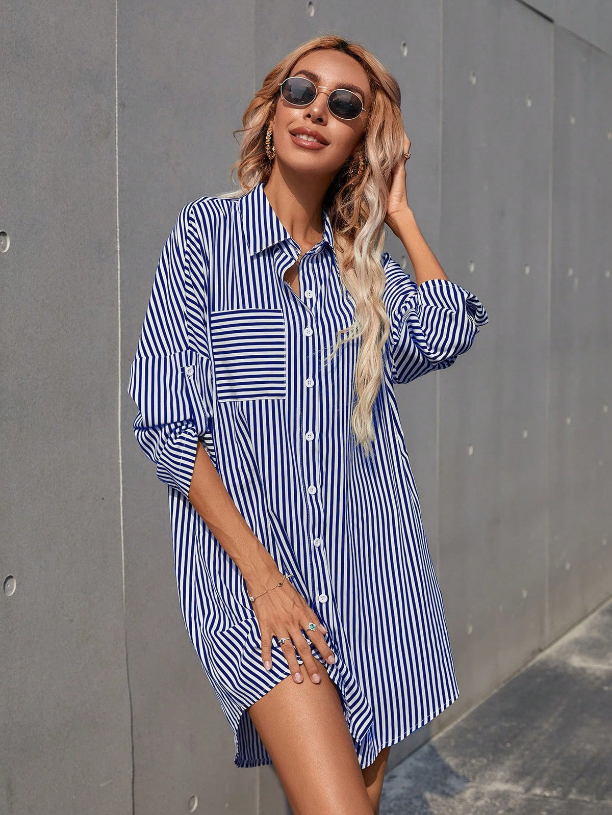 Women's Striped Rolled Sleeve Shirt Dress
