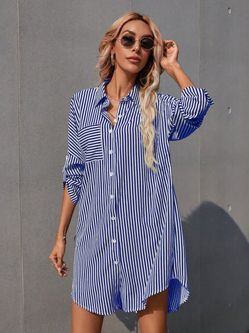 Women's Striped Rolled Sleeve Shirt Dress