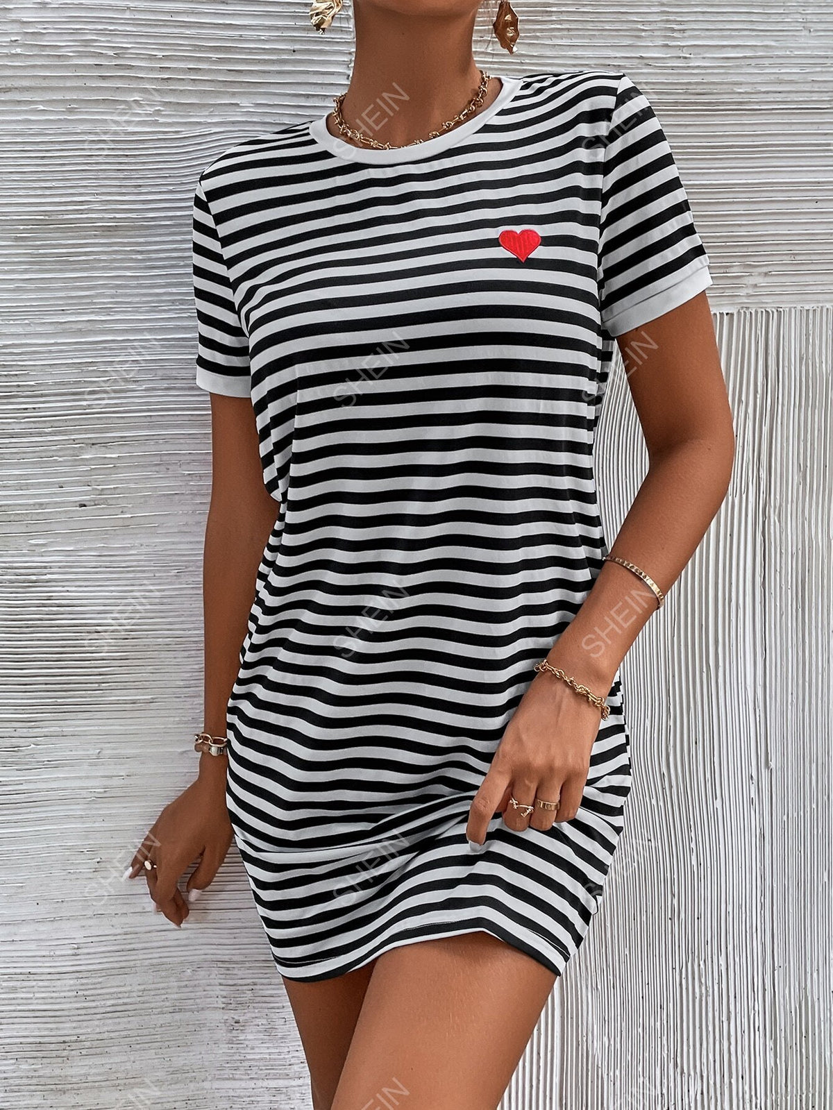 Women's Striped T-Shirt Dress With Heart Print