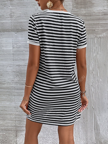 Women's Striped T-Shirt Dress With Heart Print