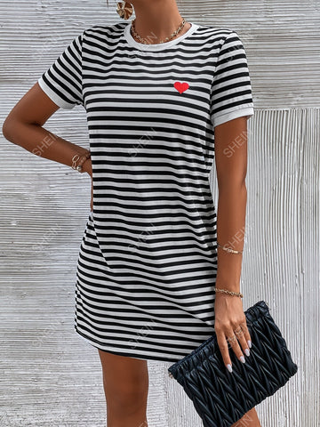 Women's Striped T-Shirt Dress With Heart Print