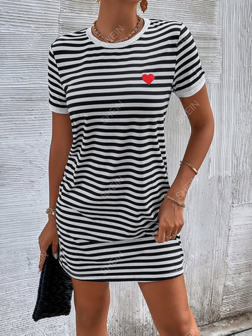 Women's Striped T-Shirt Dress With Heart Print