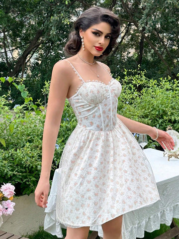 Women's Stylish Flower Printed Spaghetti Strap Dress
