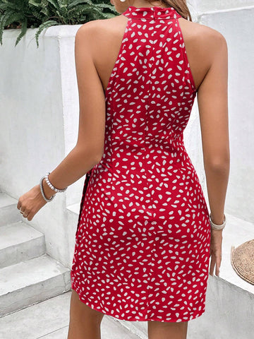 Women's Summer Allover Print Sleeveless Halter Dress Teacher Clothes Old Money Style Elegant
