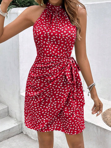 Women's Summer Allover Print Sleeveless Halter Dress Teacher Clothes Old Money Style Elegant